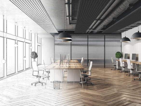 Modern hand drawn meeting room office interior with city view and daylight. Architecture and engineering concept. 3D Rendering