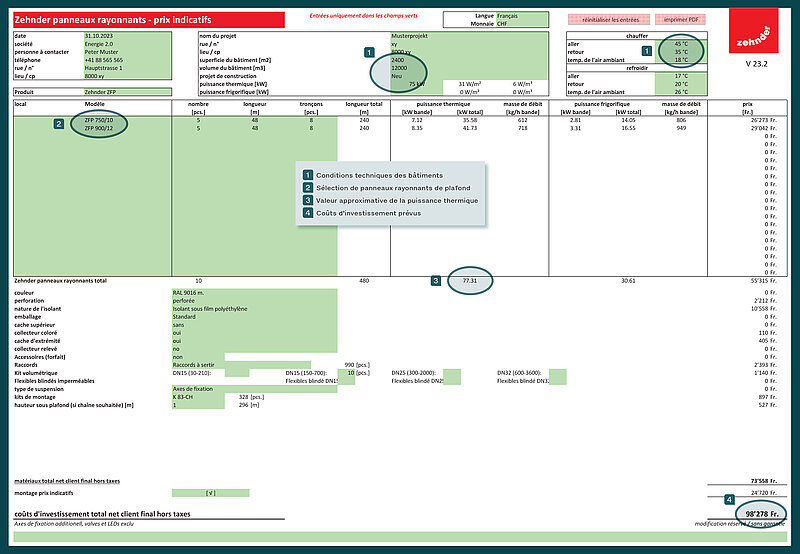 Outil d’estimation des coûts Zehnder Outil d’estimation des coûts Zehnder pour panneaux rayonnants de plafond