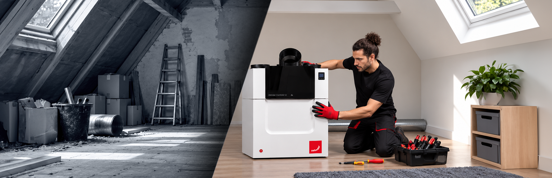 Avant et après les travaux : installation d'un système de ventilation Zehnder ComfoAir Q dans un grenier rénové