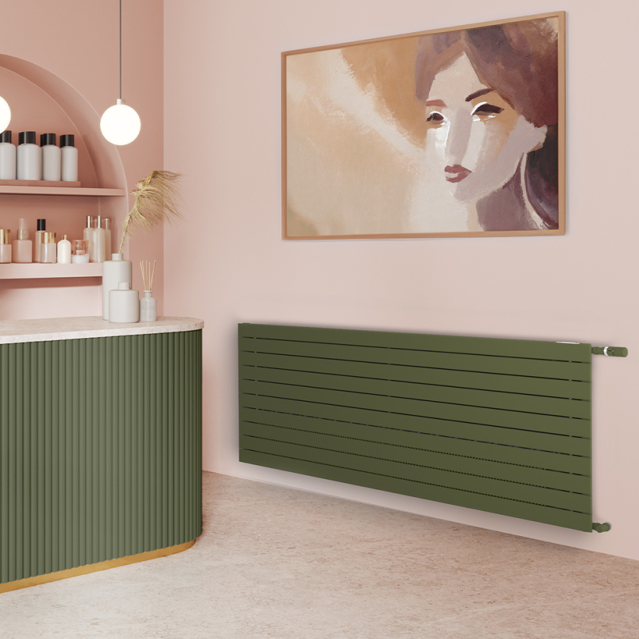 Zehnder_RAD_NovaNeo_74_200(7610)_HY_OliveGreen_Milieu_BeautySalon_WebBanner Cozy pink salon, interior with reception desk, beauty products, side view, Barber shop, 3D rendering, light comercial, Zehnder, Nova Neo, VNX2 074-200 (7610),  AdobeStock_616656798,