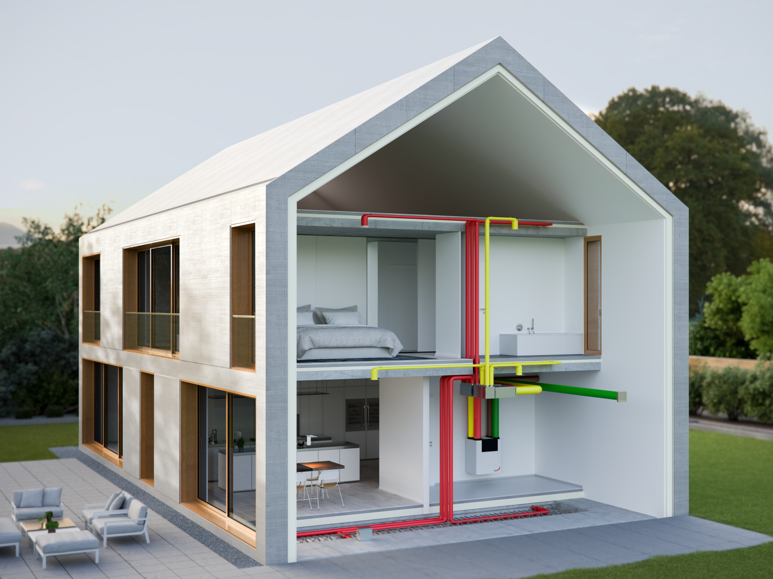Integriertes Raumklimasystem Modell eines Hauses mit integrierten Heizungs-, Kühlungs- und Lüftungssystemen