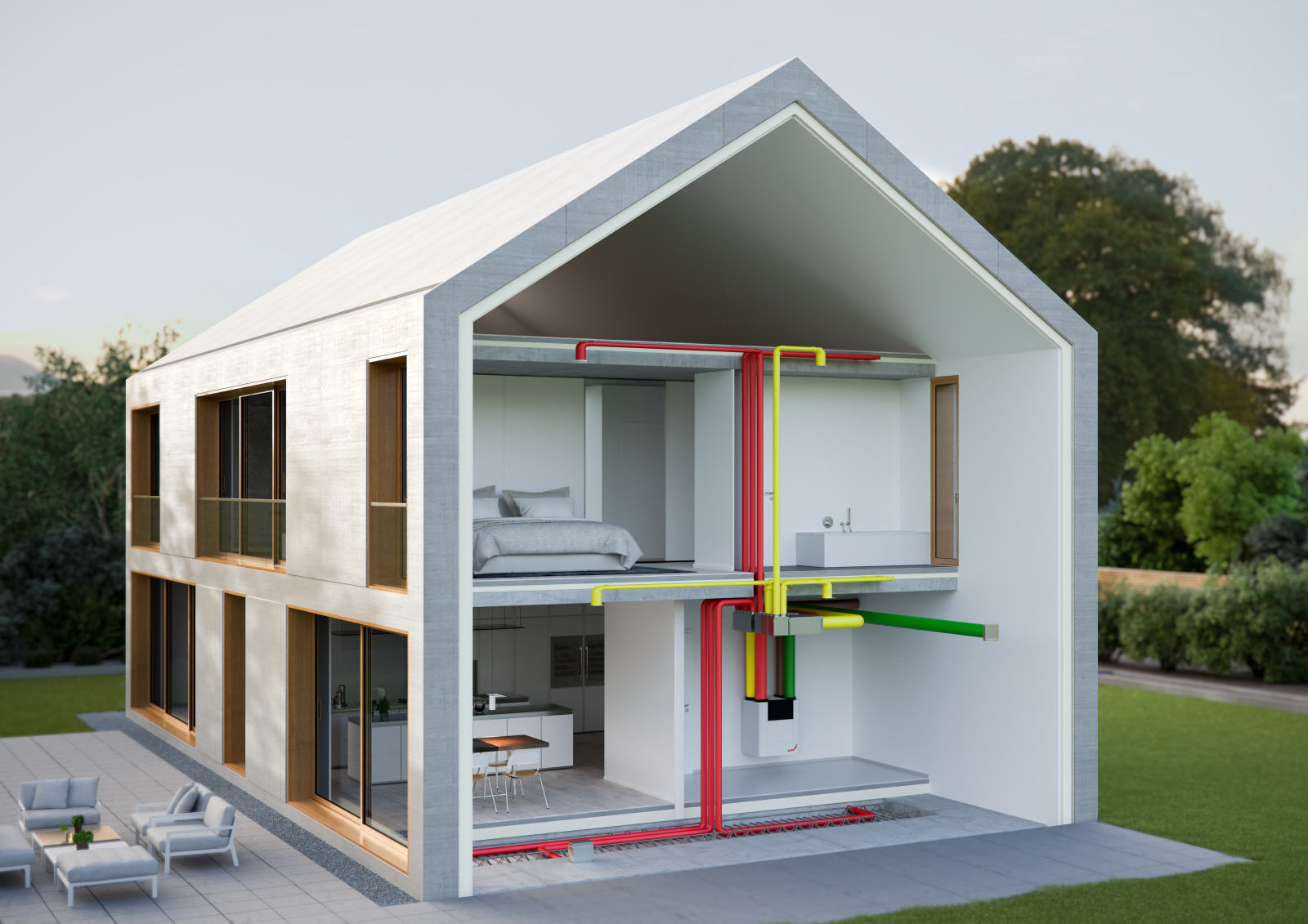 Casa con elementi di un sistema di ventilazione comfort Grafica della casa con ventilazione
