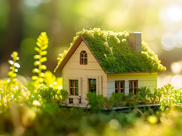 Eco House In Green Environment. Miniture House On Grass, KI-generated, sustainability , nachhaltiges renovieren , SFH