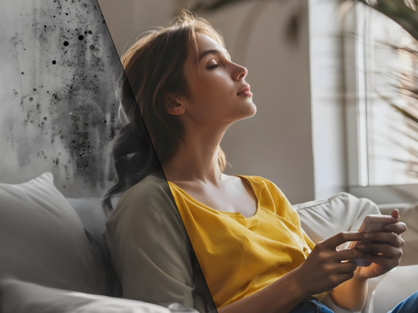 Vorher‑Nachher‑Bild mit schimmelnder Wand links und modernem, hell eingerichtetem Wohnraum rechts, in dem eine Frau sitzt und die Raumluft genießt