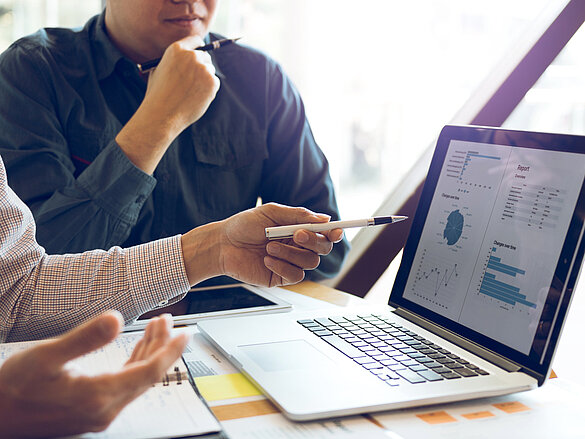 Two businessmen, analyzing, data, graph, laptop, computer screen
