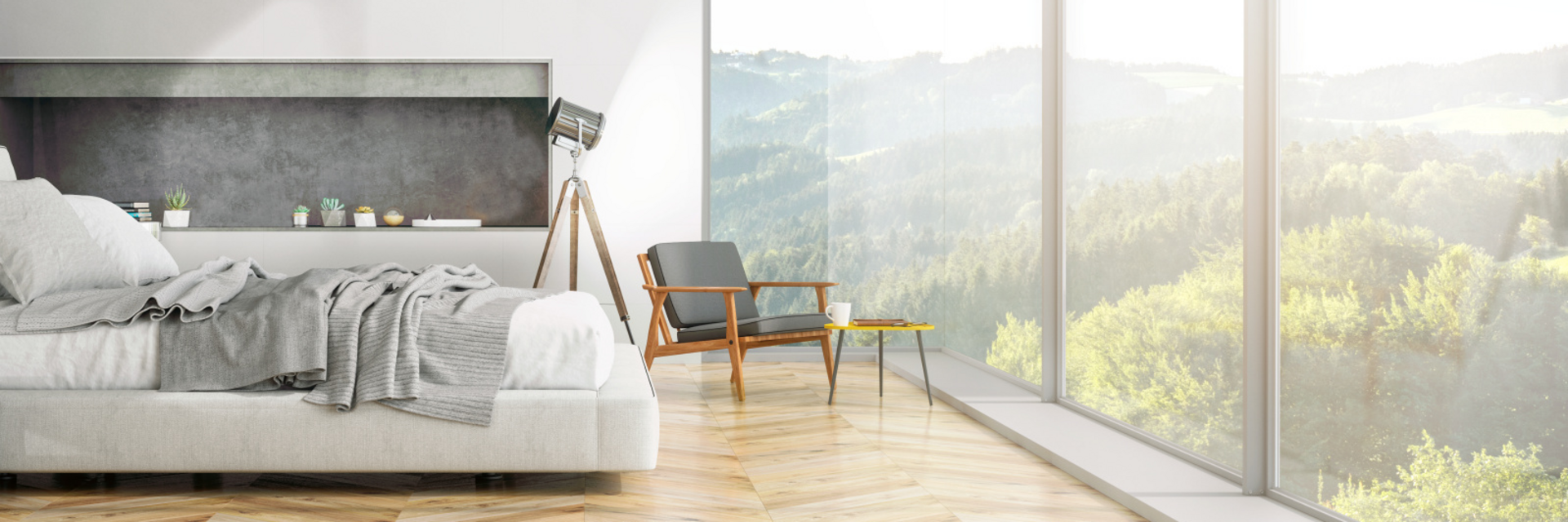 Chambre à la décoration moderne avec vue sur la nature