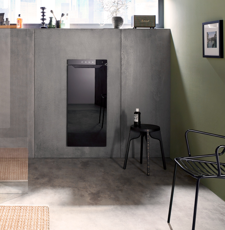 Surface de chauffe en verre de Zehnder Zenia en noir élégant Corps de chauffe noir dans la salle de bain, surface de chauffe en verre Zenia