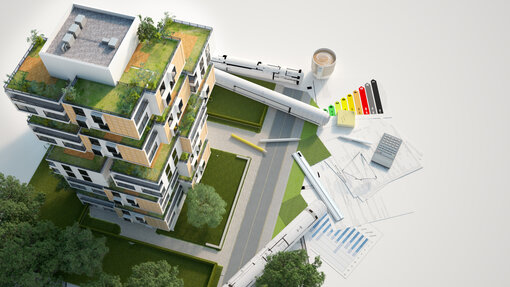 Plan 3D rendering of a Sustainable building architecture model with blueprints, energy efficiency chart and other documents, Energy effizientes bauen/planen / MFH, Mehrfamilienhaus, Renovieren