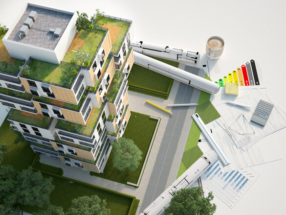 3D rendering of a Sustainable building architecture model with blueprints, energy efficiency chart and other documents, Energy effizientes bauen/planen / MFH, Mehrfamilienhaus, Renovieren