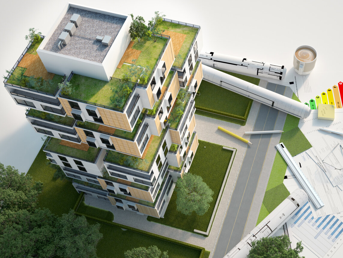 AdobeStock_268477266 3D rendering of a Sustainable building architecture model with blueprints, energy efficiency chart and other documents, Energy effizientes bauen/planen / MFH, Mehrfamilienhaus, Renovieren