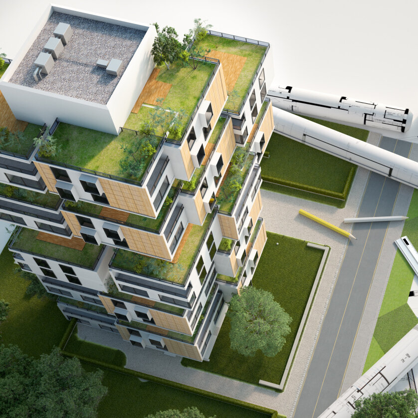 3D rendering of a Sustainable building architecture model with blueprints, energy efficiency chart and other documents, Energy effizientes bauen/planen / MFH, Mehrfamilienhaus, Renovieren