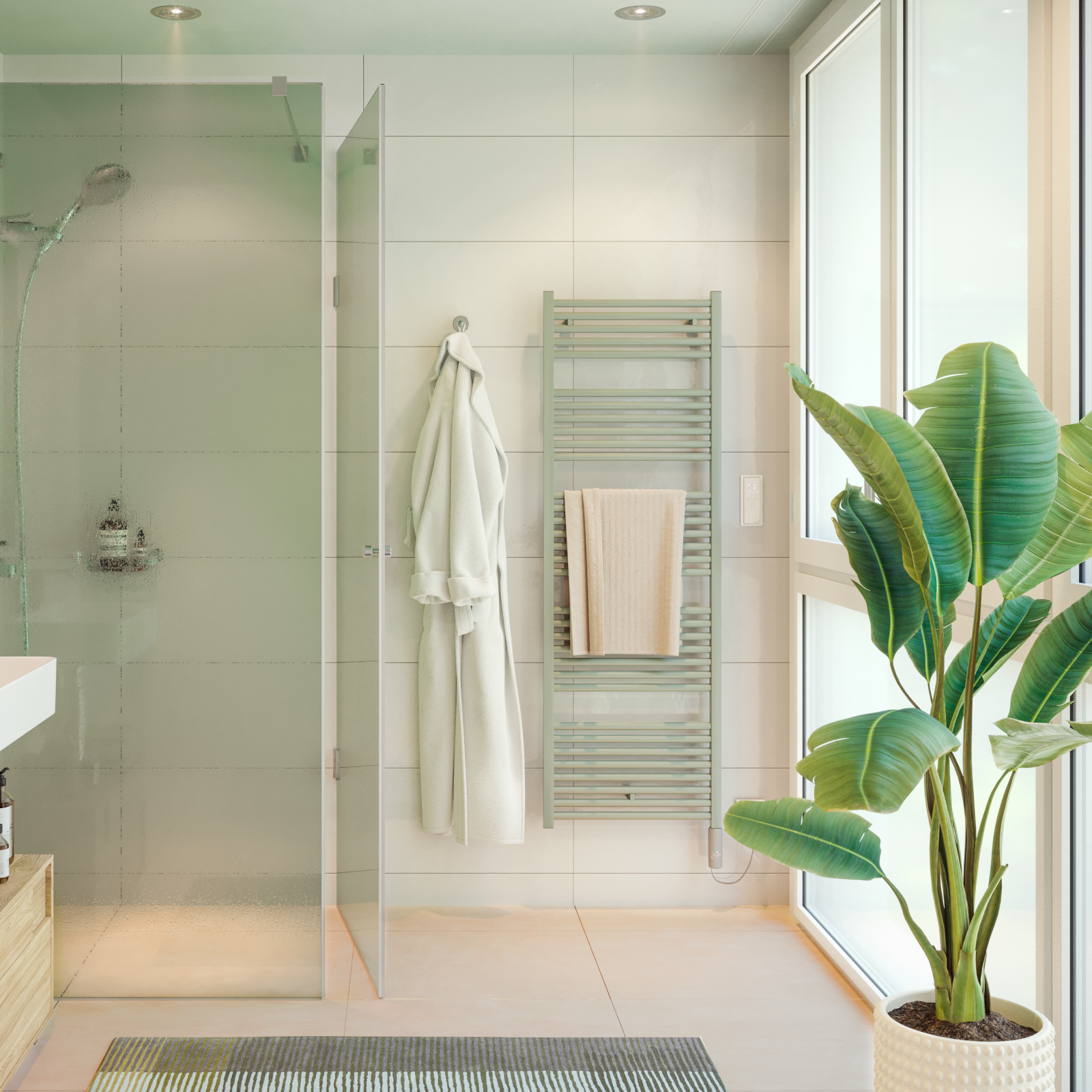 Zehnder_RAD_Zeno-EL_IHC_milieu-bathroom New Colour System, Neo Green, Coloured Valves, coloured valve, bathroom, bath; Zeno 150-50, IHC