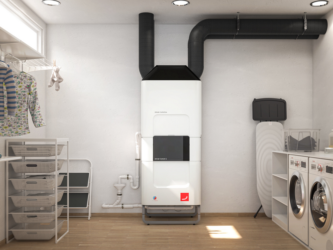 Installiertes ComfoClime mit Lüftungsgerät im Waschraum