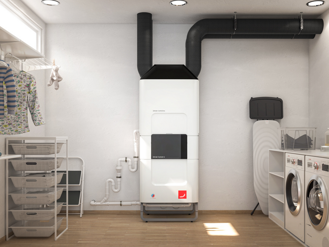 Zehnder Lüftungsgerät mit Lufttemperierungsgerät Installiertes ComfoClime mit Lüftungsgerät im Waschraum