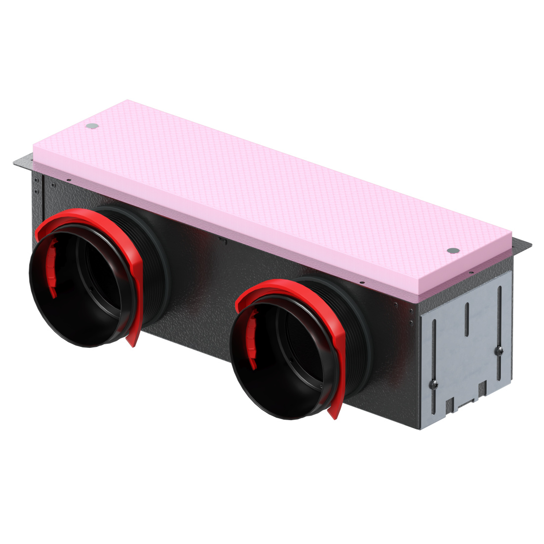 ComfoCase CLD Grille housing 2x DN90, RapidLock Connector, wide, H=115 mm, lateral, black, galvanized steel, brackets, distance plate