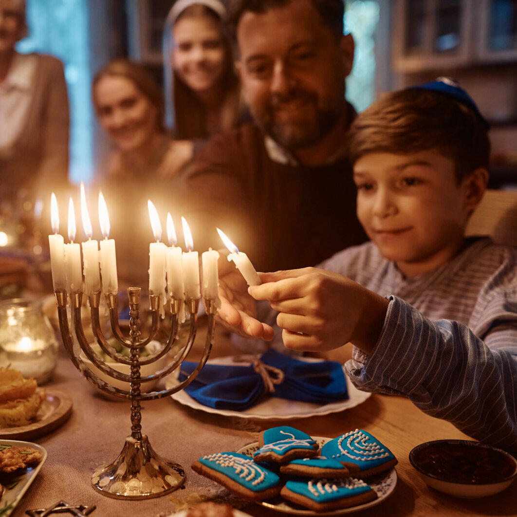 Celebration with family, and lighting of Jewish candles,