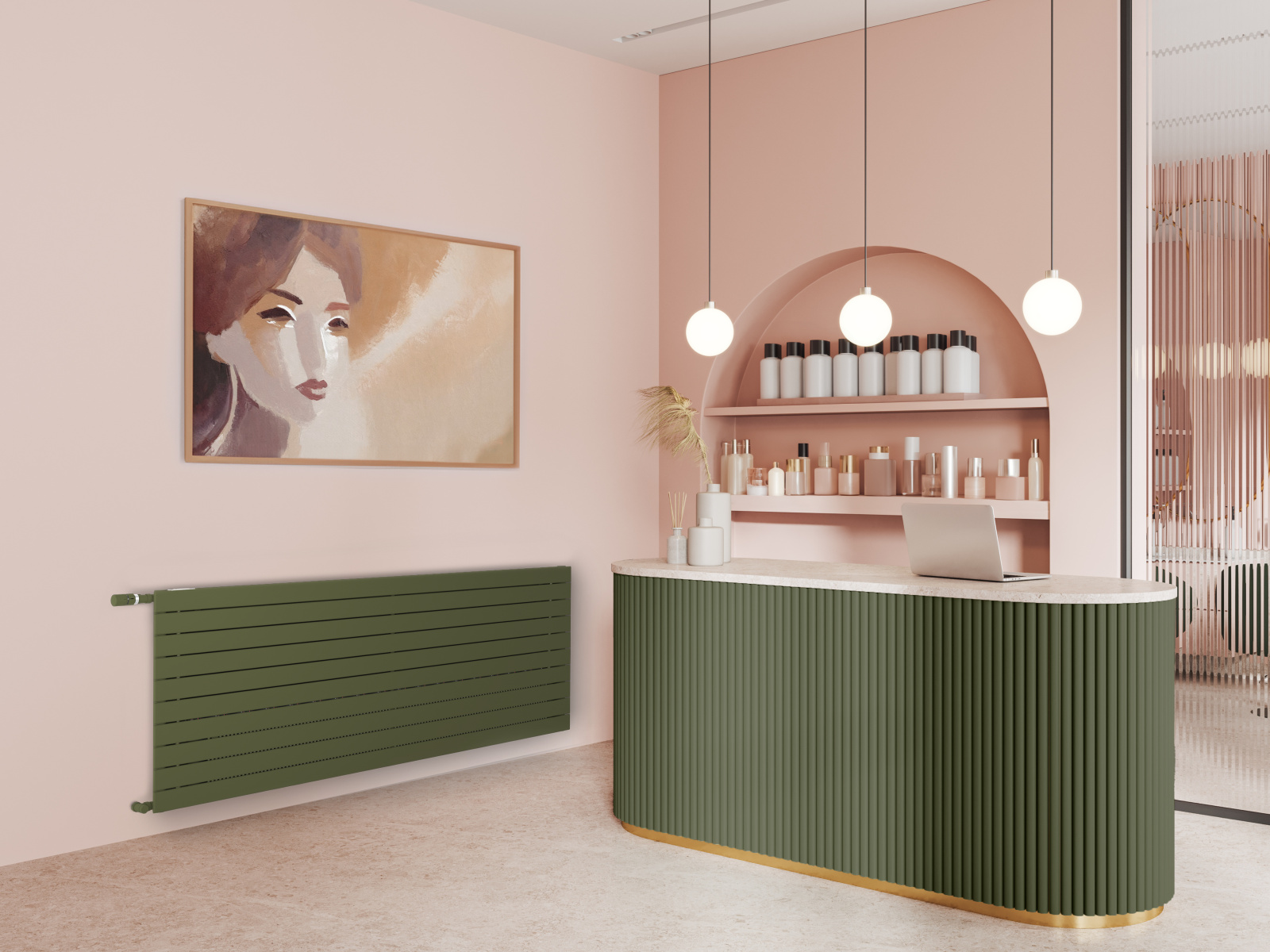 Cozy pink salon, interior with reception desk, beauty products, side view, Barber shop, 3D rendering, light comercial, Zehnder, Nova Neo, VNX2 074-200 (7610),  AdobeStock_616656798,