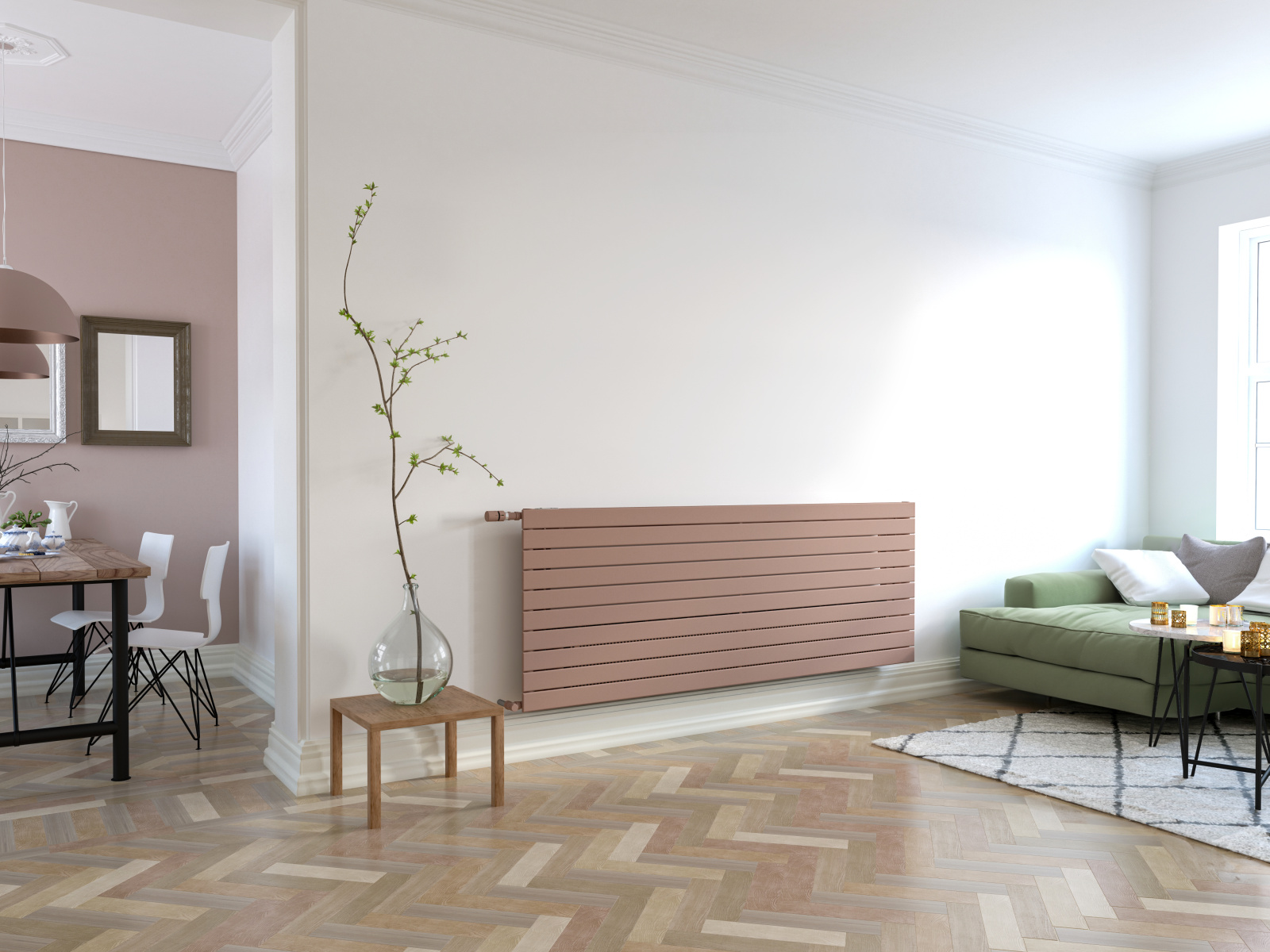 Zehnder, Nova Neo, Living room, classic building, wooden floor, fishbone flooring, 3d rendering, VNX2 074-200 (fig 1270),