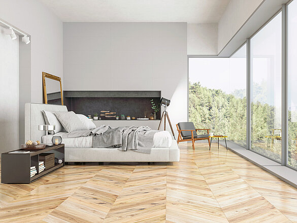 [Translate to Francais:] Schlafzimmer mit Komfortlüftung im Sommer