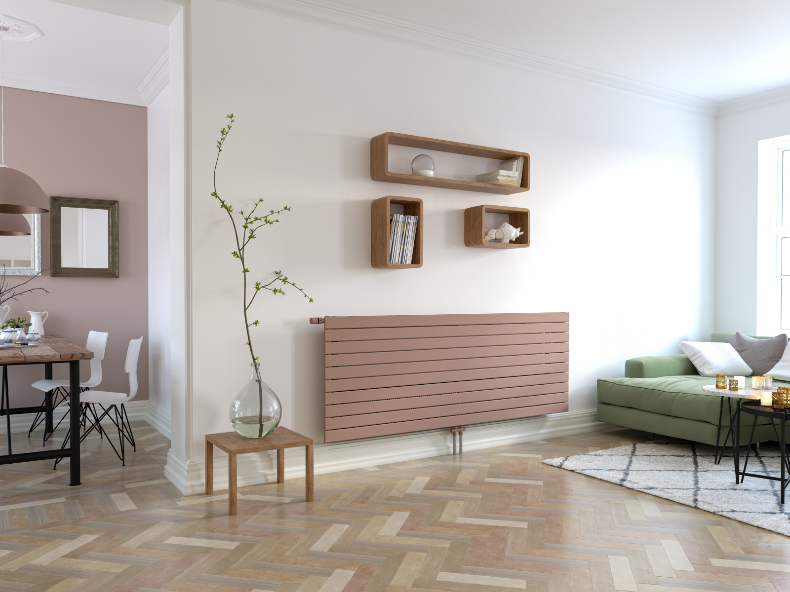 Zehnder, Nova Neo, Living room, classic building, wooden floor, fishbone flooring, 3d rendering, VNX2 074-200 (fig V008)