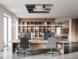 Comfo Air Flex, CSI Silencer, Ceiling Mounted, Adobe Stock, AdobeStock_404221059 ,Front view of modern open space office with white and wooden walls, concrete floor and rows of computer tables. 3d rendering,