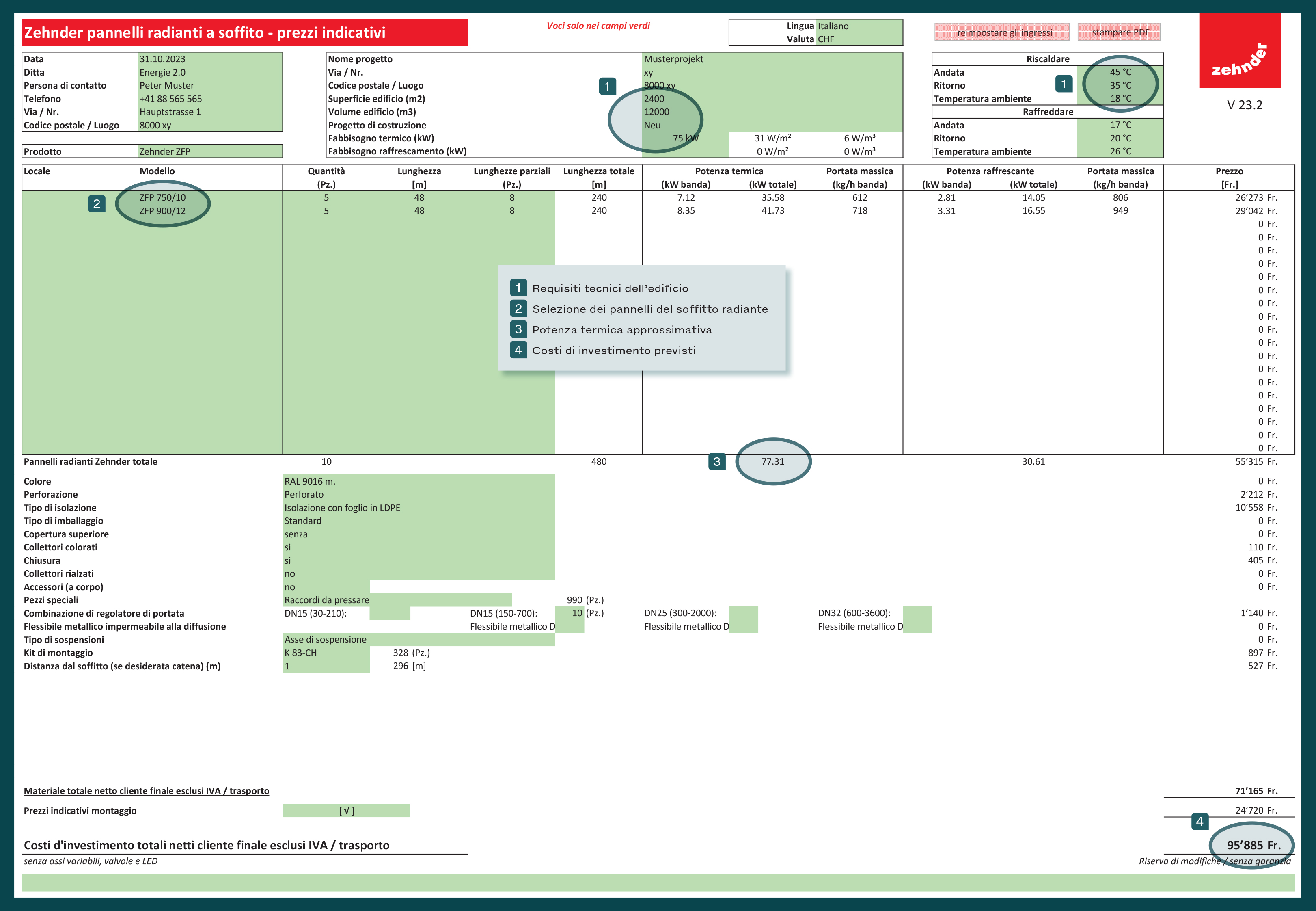 Strumento di costi indicativi Zehnder per pannelli radianti a soffitto