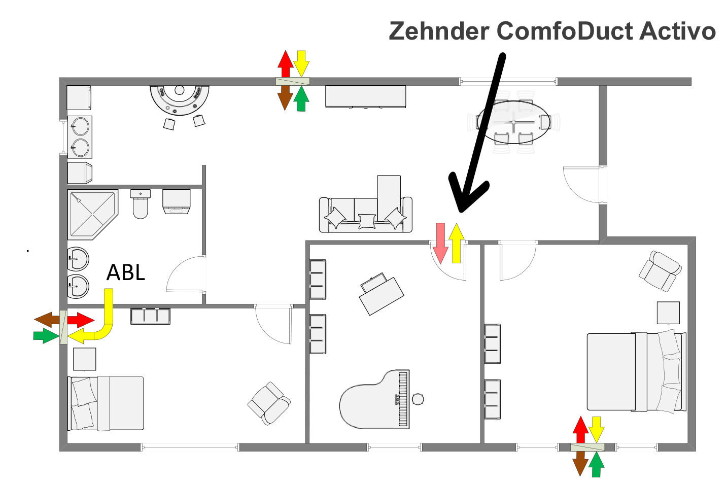 Utilizzo elemento di transito attivo Zehnder ComfoDuct Activo ventilazione per ambienti singoli con locale di collegamentoe piano
