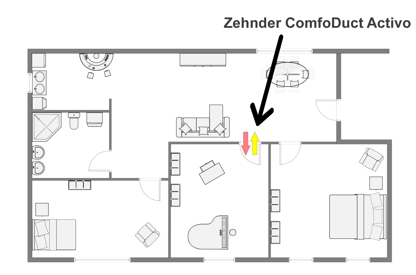 Utilizzo elemento di transito attivo Zehnder ComfoDuct Activo ventilazione senza un sistema di ventilazione meccanico piano